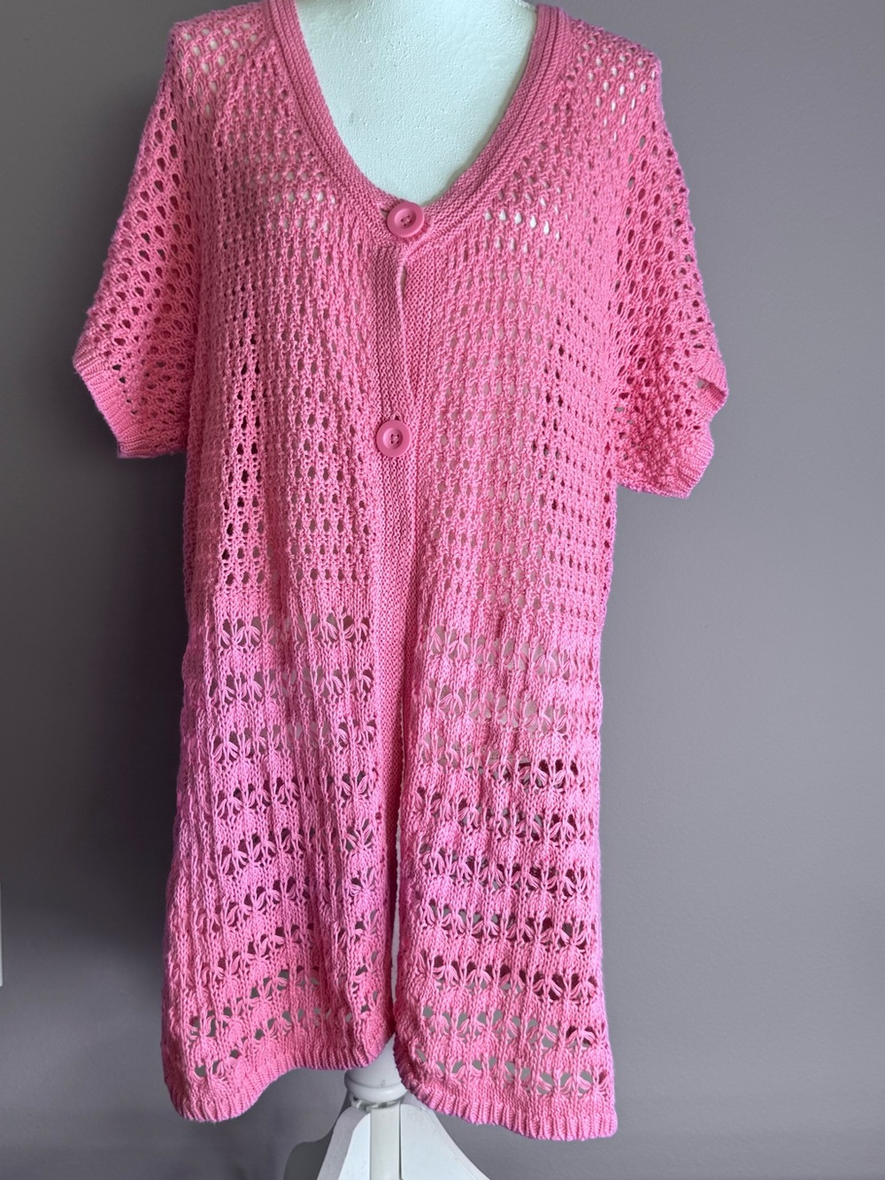 St John Bay Women's Pink Openwork Short-Sleeve Button Cardigan Sz 2X